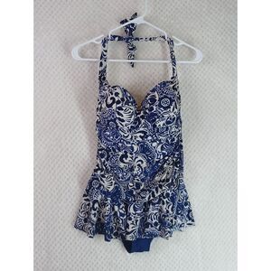 Chaps Women's 12 Blue Tropic Floral Print Halter One Piece Swimsuit